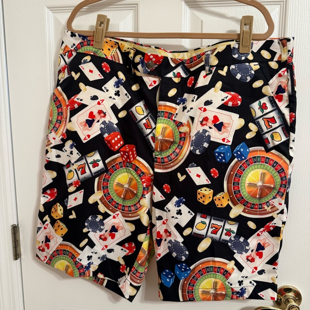 Vibrant Casino Print Flat Front Shorts